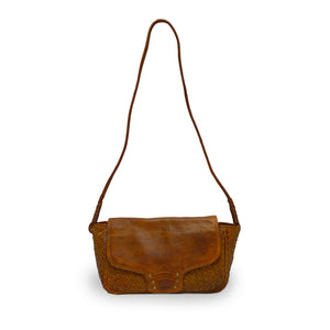 Brown woven leather bag with smooth flap, Sawyer Woven Shoulder Bag.