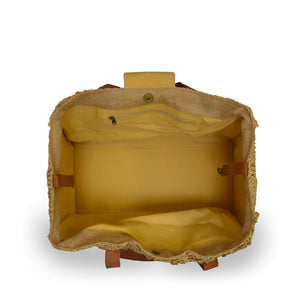 Interior view of raffia tote bag with beaded flap, Nola Raffia Tote.