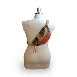 Colorful kantha stitched bum bag across the back of a mannequin, Viv Kantha Belt Bag.