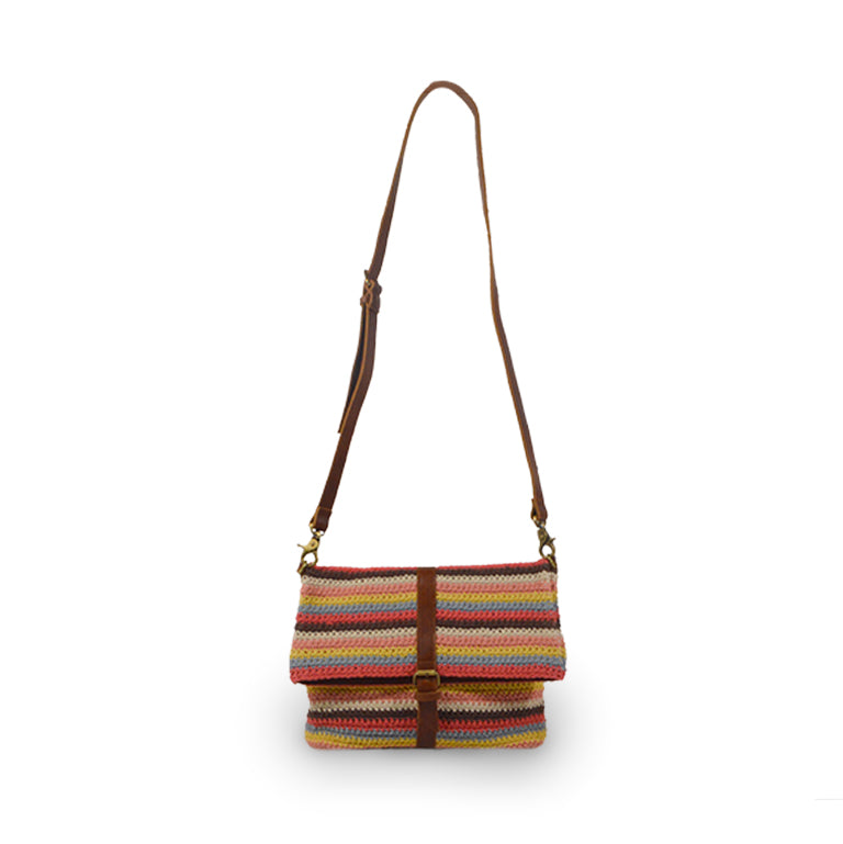Colorful striped cotton knit bag, front view handle down, Yolanda Knit Foldover Crossbody Bag..