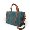 Square teal suede tote, angle view, Aurora Suede Tote.